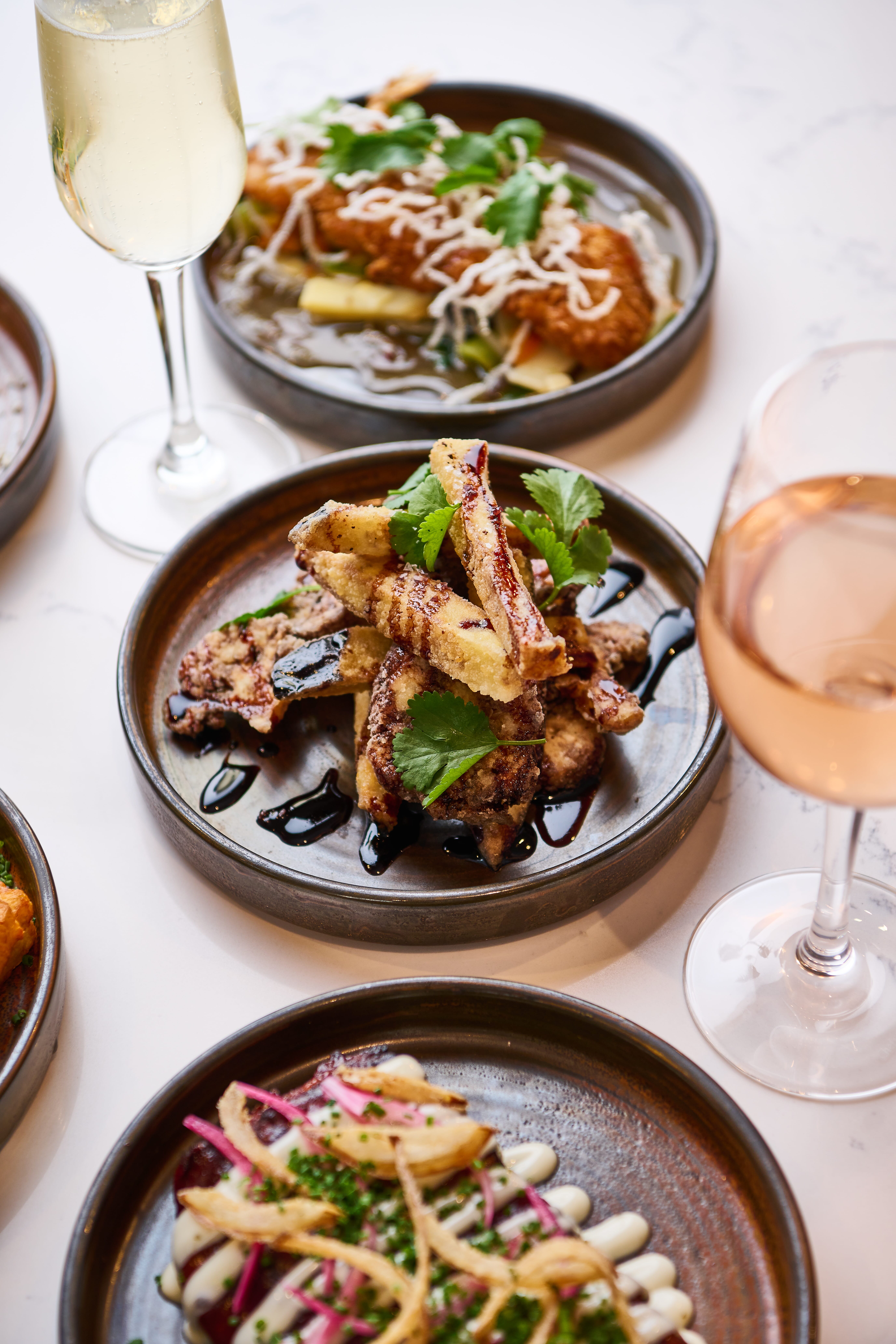 BBQ Glazed Ribs, Crispy Aubergine & Cauliflower, Asian Style Squid